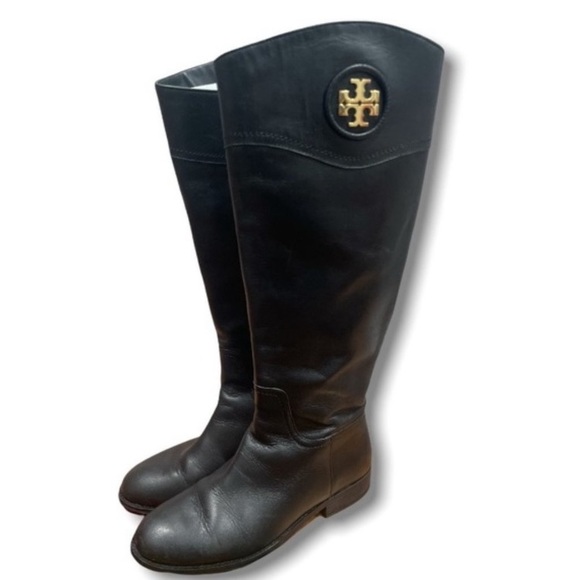 Authentic TORY BURCH Black Leather Logo Riding Boots